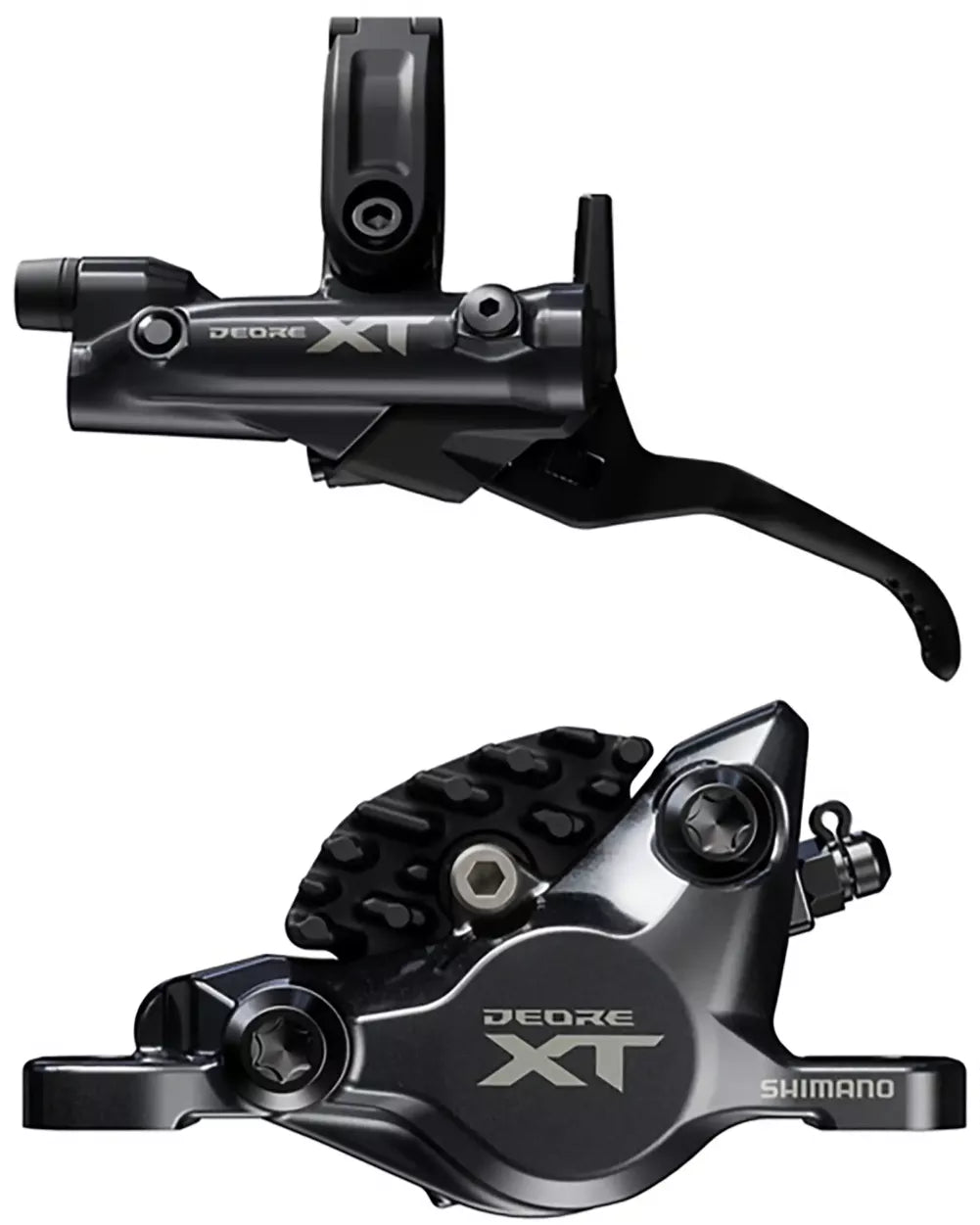 Shimano XT XC M8200 hydraulic disc brake part with red caliper and rotor, designed for mountain biking.