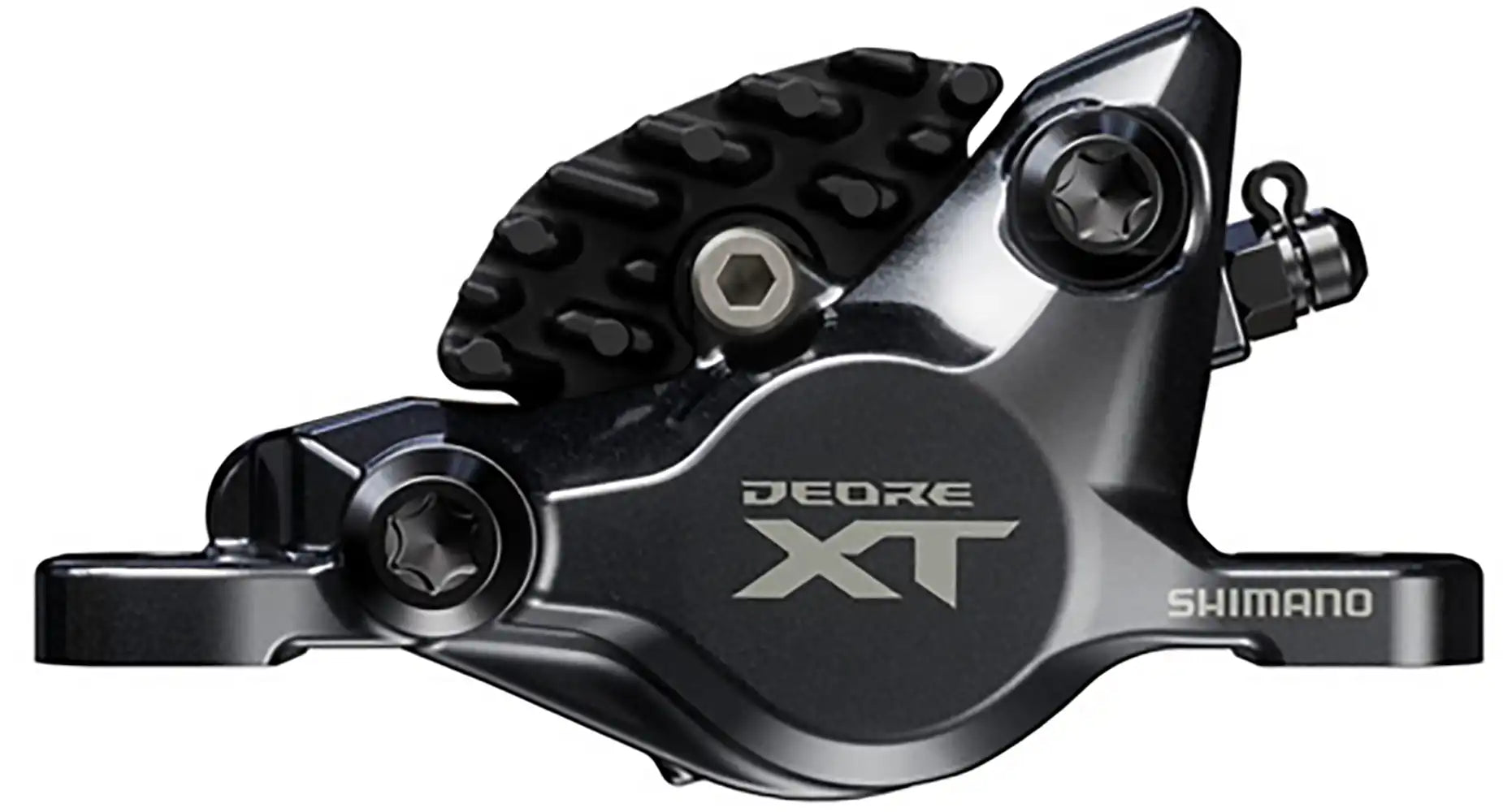 Shimano XT XC M8200 hydraulic disc brake caliper for mountain bike, showing the black metal and mounting hardware.