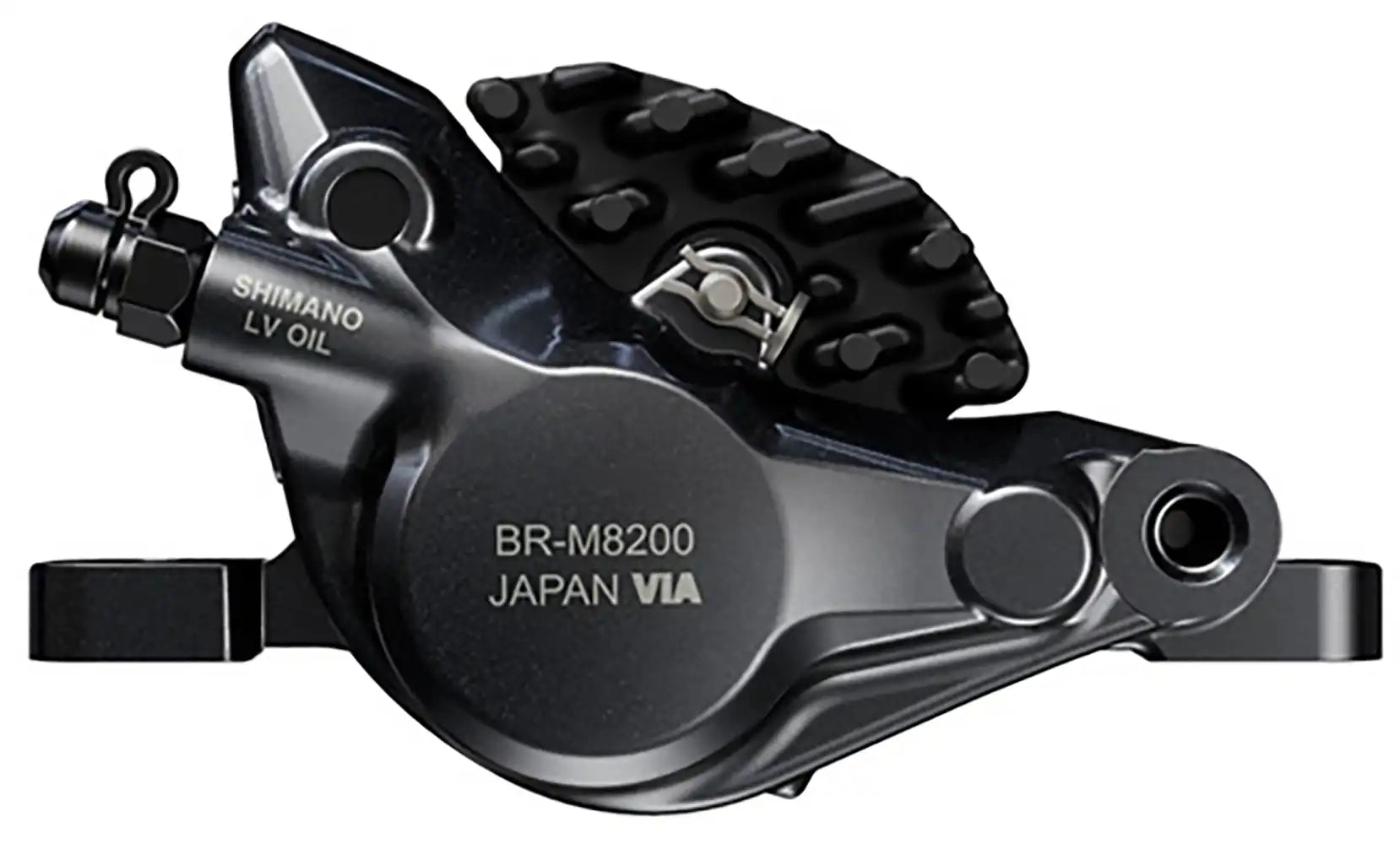 Shimano XT XC M8200 hydraulic disc brake caliper showing the black metal body and mounting hardware for mountain bike use.