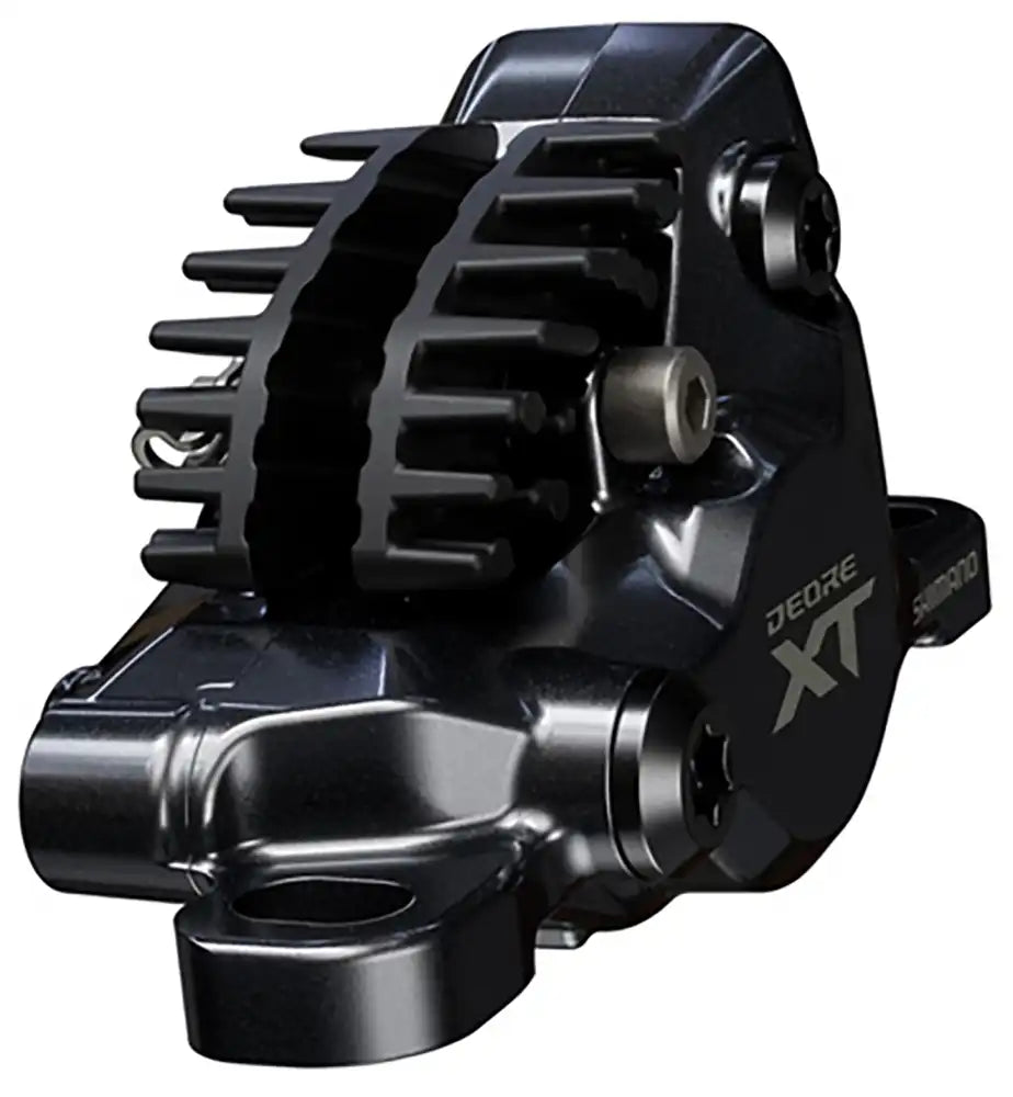 Shimano XT M8200 hydraulic disc brake caliper for mountain biking, shown in black with mounting hardware.
