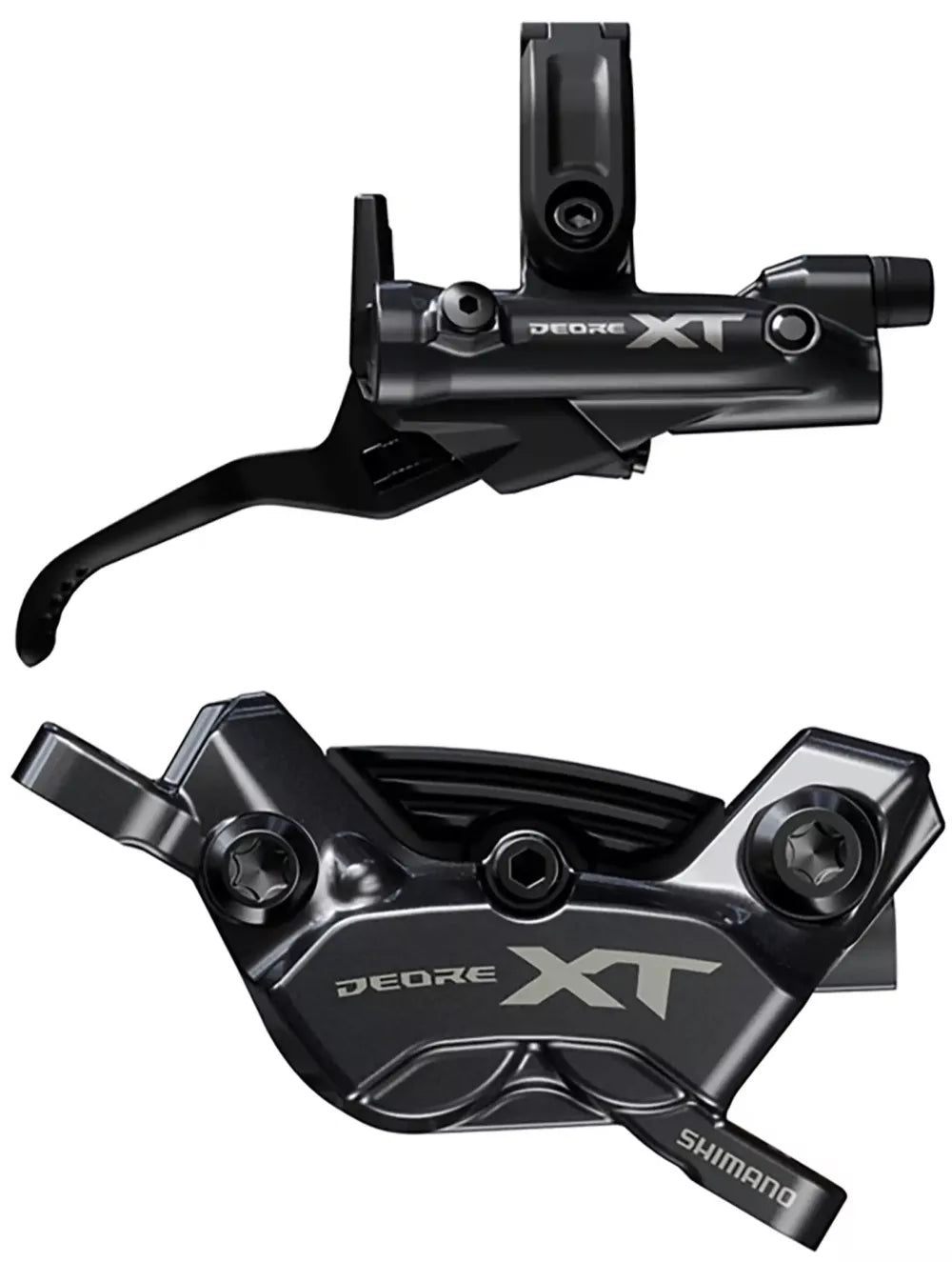 Shimano XT M8220 hydraulic disc brake caliper for enduro mountain biking, shown in black with mounting hardware.