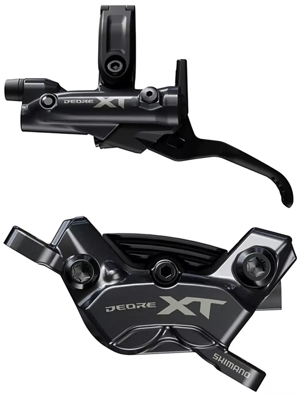 Shimano XT M8220 hydraulic disc brake caliper for enduro mountain biking, shown in black with mounting hardware.