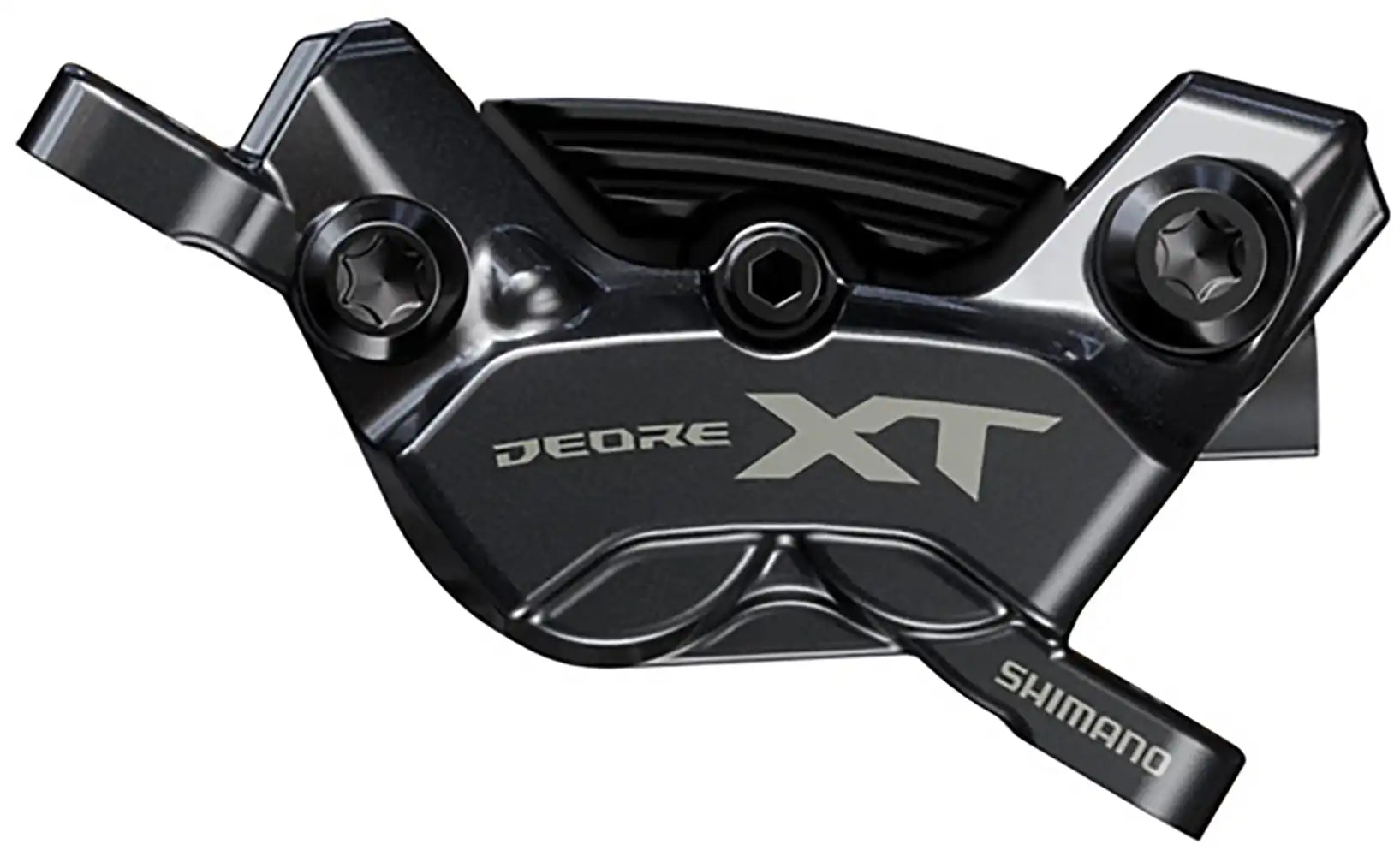 Shimano XT M8220 hydraulic disc brake caliper for enduro mountain biking, shown in black with mounting hardware.