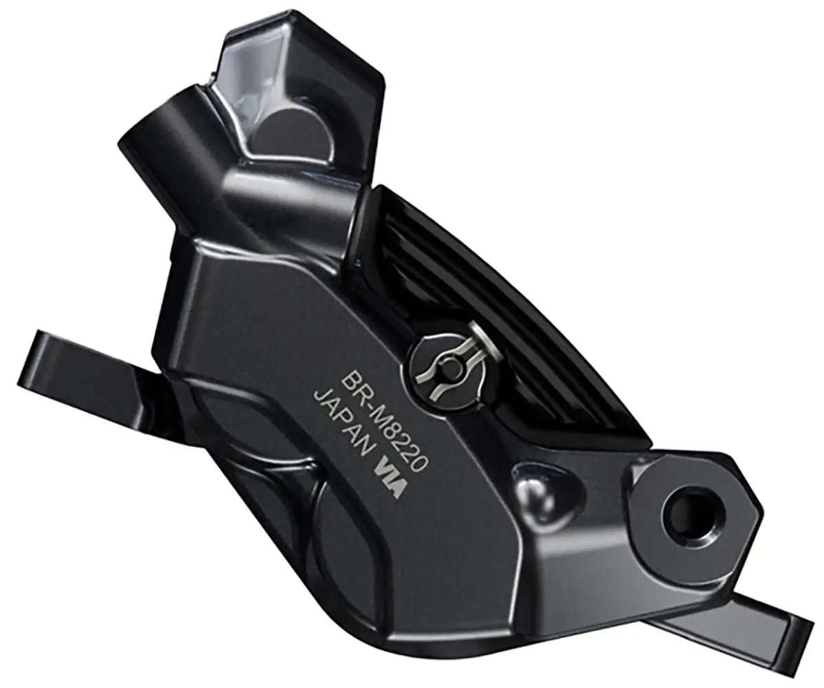Shimano XT M8220 hydraulic disc brake caliper shown in black, with mounting bolts and hydraulic hose connection for mountain bike braking.