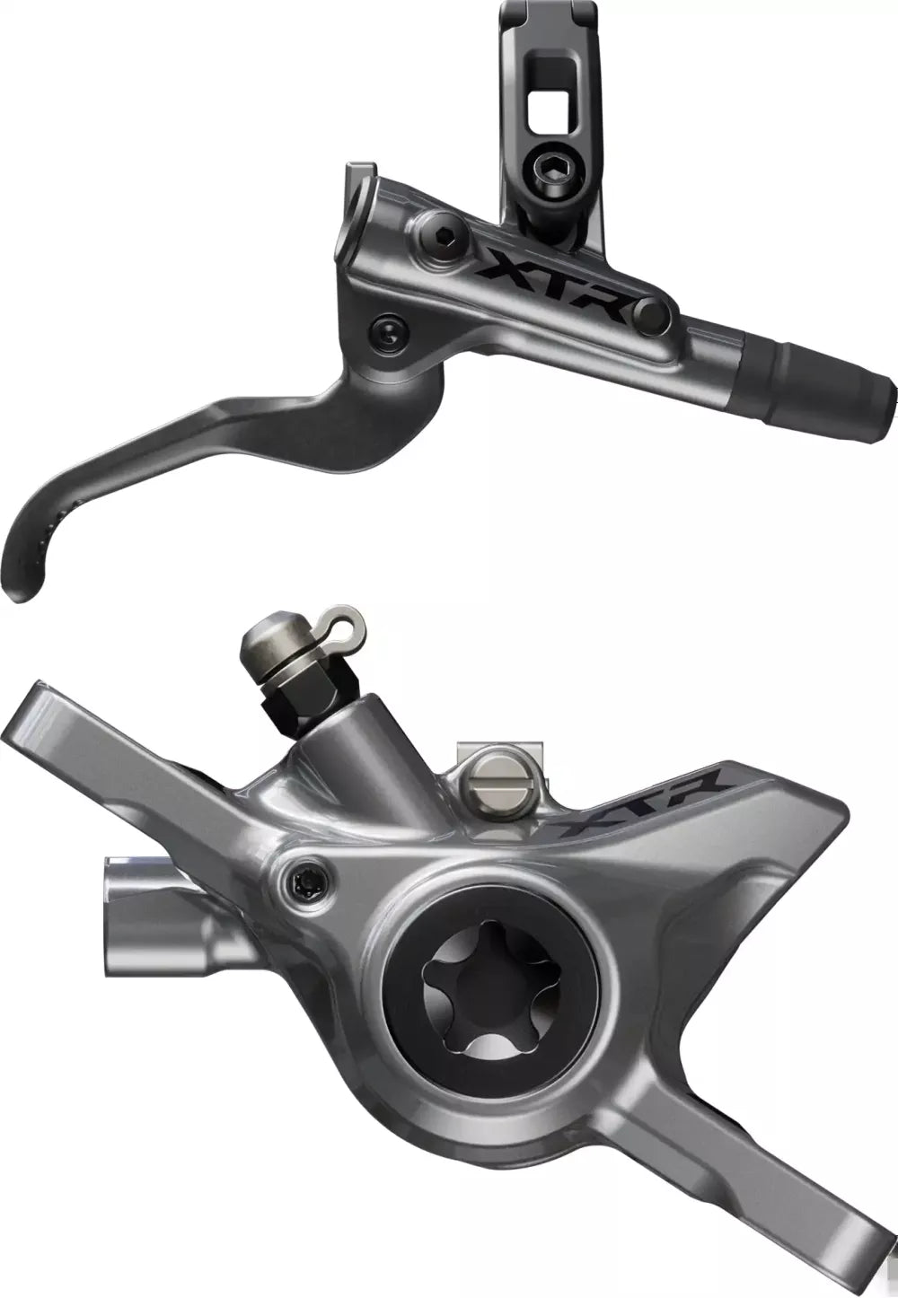 Shimano XTR XC M9200 hydraulic disc brake parts showing the front brake caliper and rotor for mountain biking.