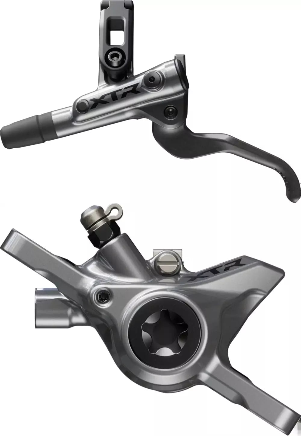 Shimano XTR XC M9200 hydraulic disc brake caliper for mountain biking, shown in black with mounting hardware.