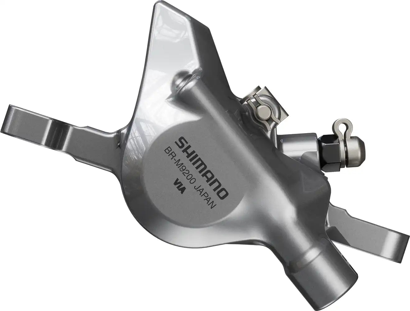 Shimano XTR XC M9200 hydraulic disc brake caliper for mountain bike, shown with mounting hardware and hydraulic hose connection.