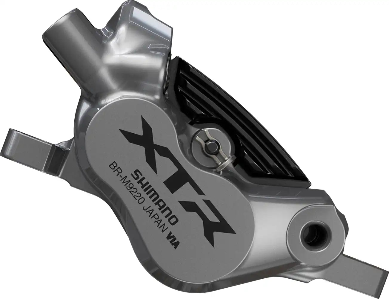 Shimano XTR Enduro M9220 hydraulic disc brake caliper for mountain biking, shown in black with mounting hardware.
