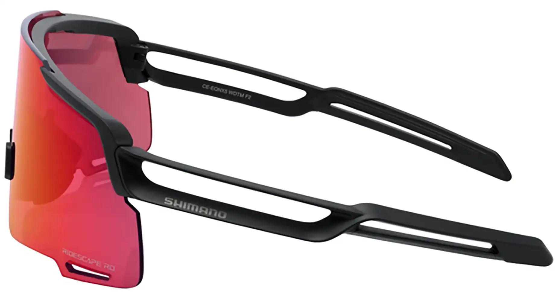 Shimano Equinox glasses accessory with red design, lightweight frame, and clear lenses for outdoor activities and sports.