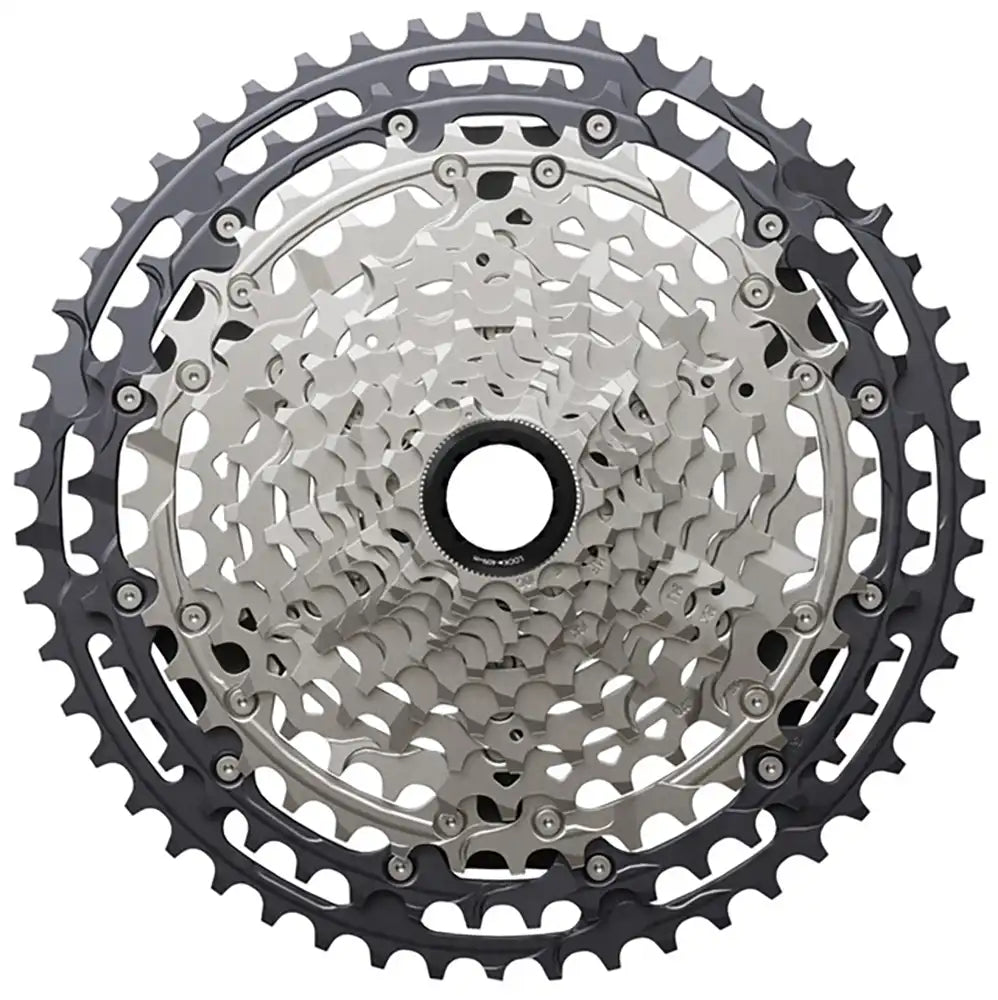 Shimano XT M8200 12-speed cassette with 10-51T gear range, featuring lightweight metal cogs and black body for mountain bike drivetrain.