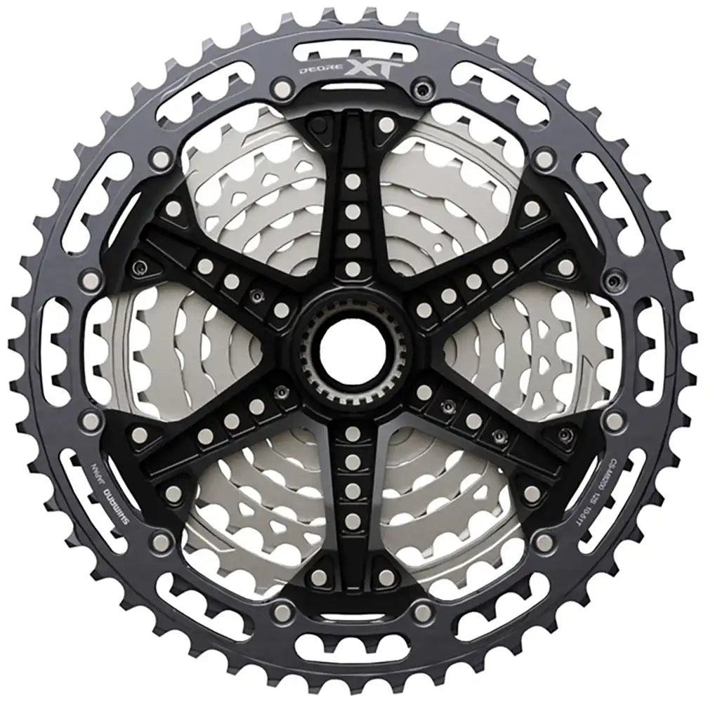 Shimano XT M8200 12-speed cassette with 10-51T sprockets, black metal bike parts for mountain bike gearing.