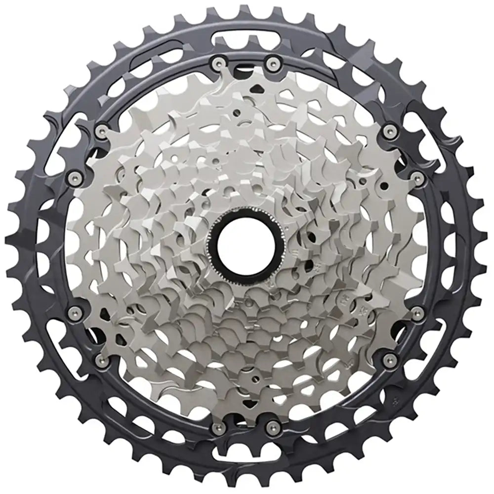 Shimano XT M8200 12-speed cassette with 9-45T sprockets, showcasing the black metal gear set for mountain bike gearing.