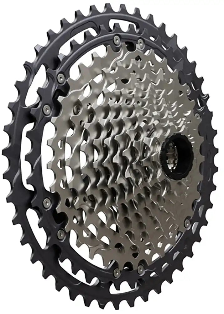 Shimano XT M8200 12-speed cassette with 9-45T sprockets, featuring silver metal gears for mountain bike shifting.