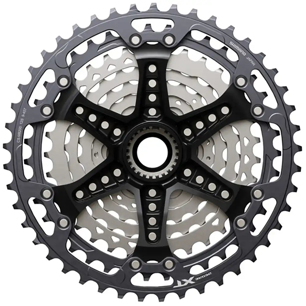 Shimano XT M8200 12-speed cassette with 9-45T gear range, featuring silver metal sprockets for mountain bike drivetrain parts.