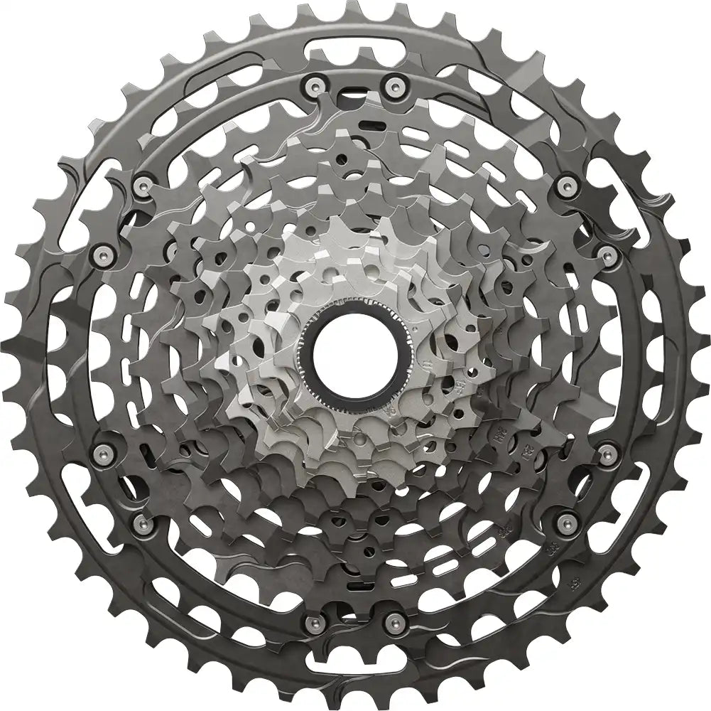 Shimano XTR M9200 12-speed cassette with 9-45T gear range, featuring black anodized metal teeth and precise gear indexing.