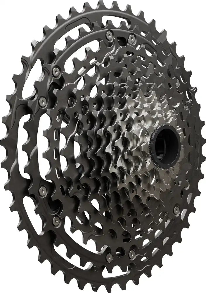 Shimano XTR M9200 12-speed cassette with 9-45T gear range, shown in black with silver sprockets, designed for mountain bike drivetrain.