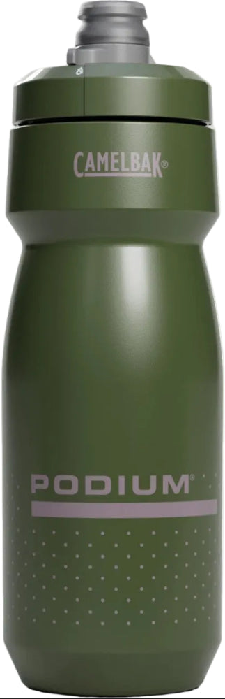 Camelbak Podium 700ml water bottle in deep fern color, showcasing ergonomic design and secure screw-on lid.
