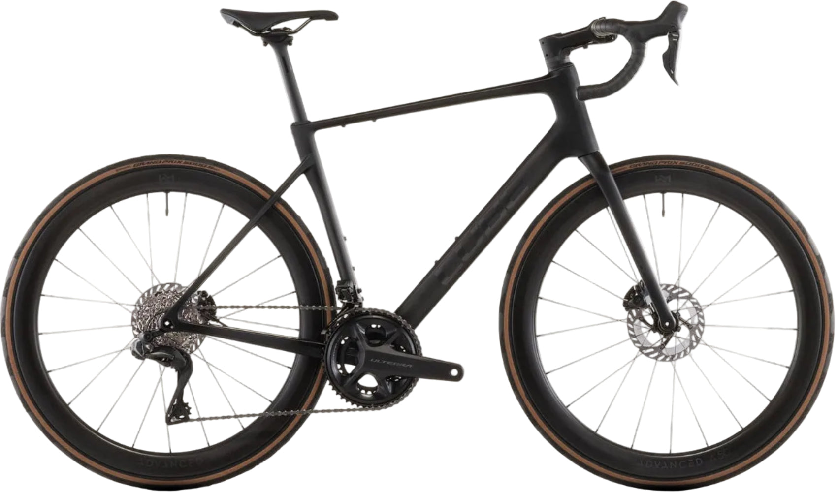 Cube Attain C:62 SLT road bike with carbon frame, black and chrome finish, designed for performance and lightweight riding.