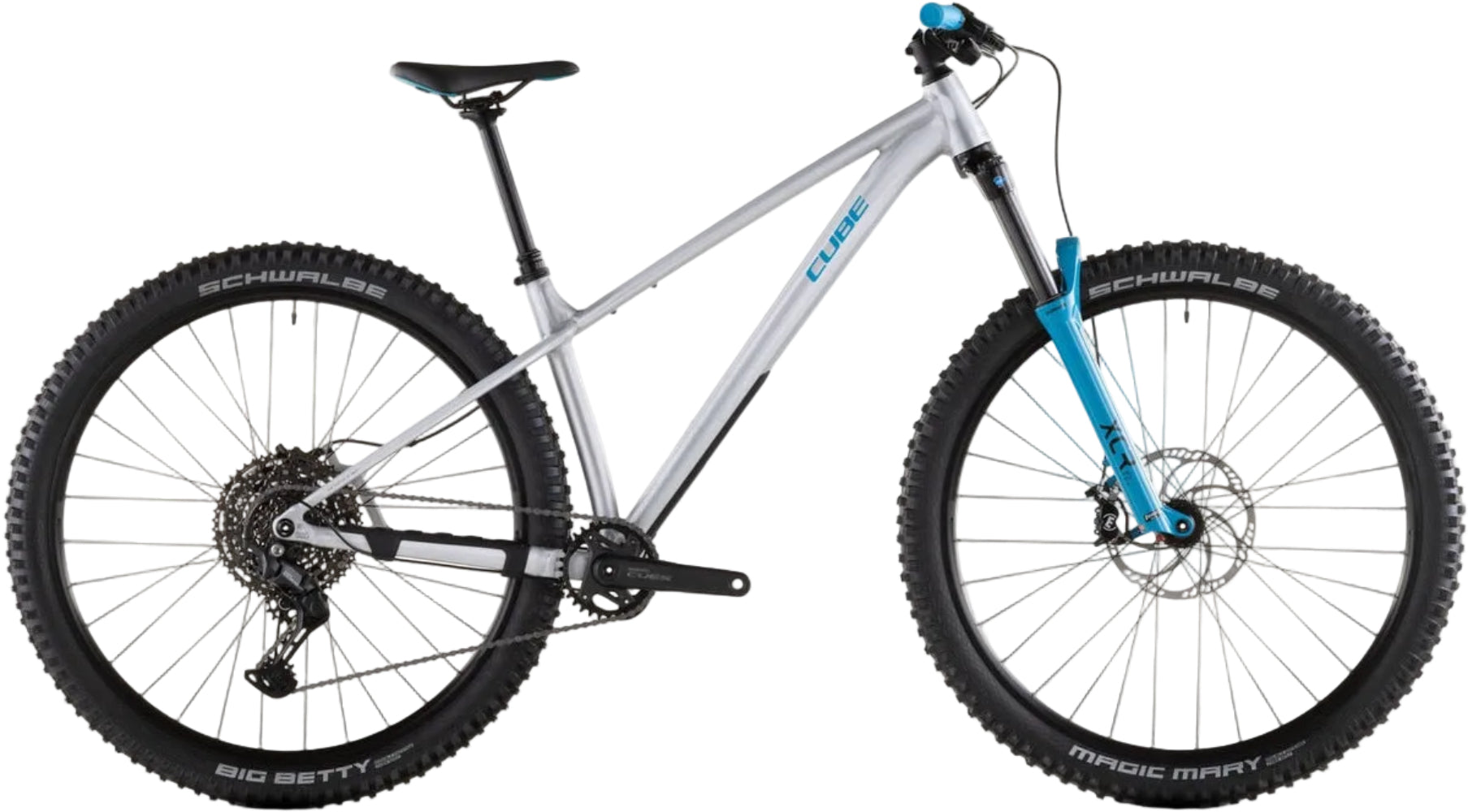 Cube Reaction TM ONE 2026 hardtail mountain bike with raw metal and blue frame, featuring suspension fork and rugged tires.