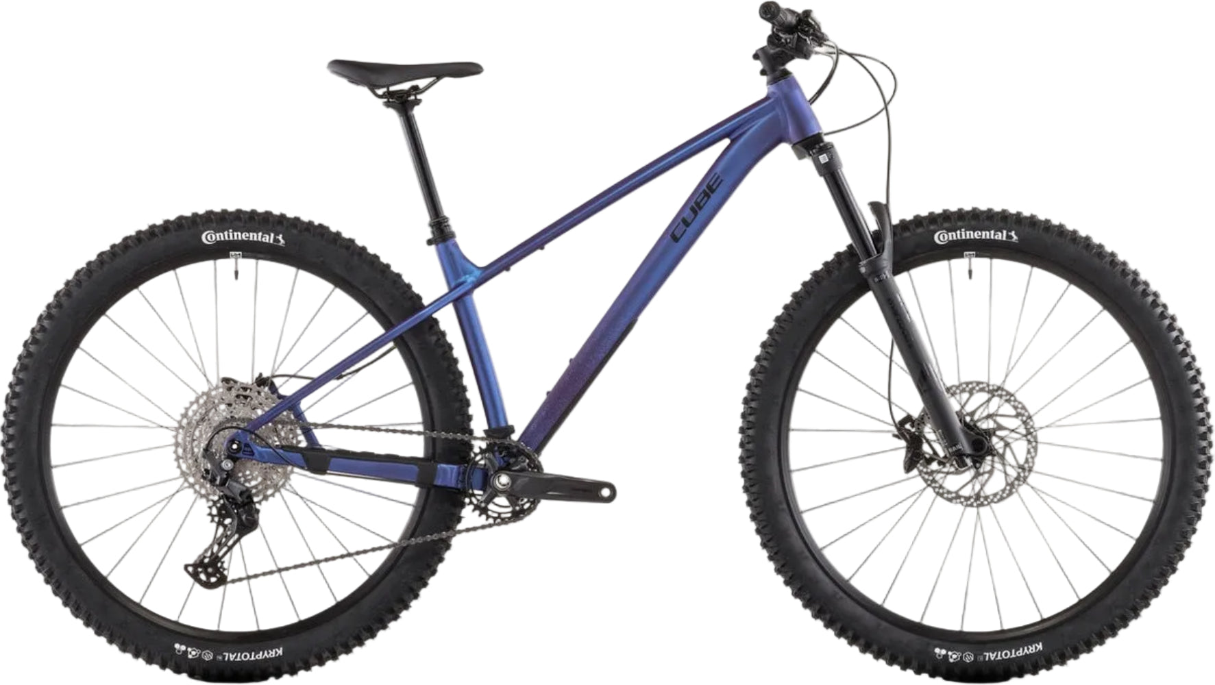 Blue, violet, and black Cube 2026 Reaction TM Pro hardtail mountain bike with lightweight frame and advanced suspension.