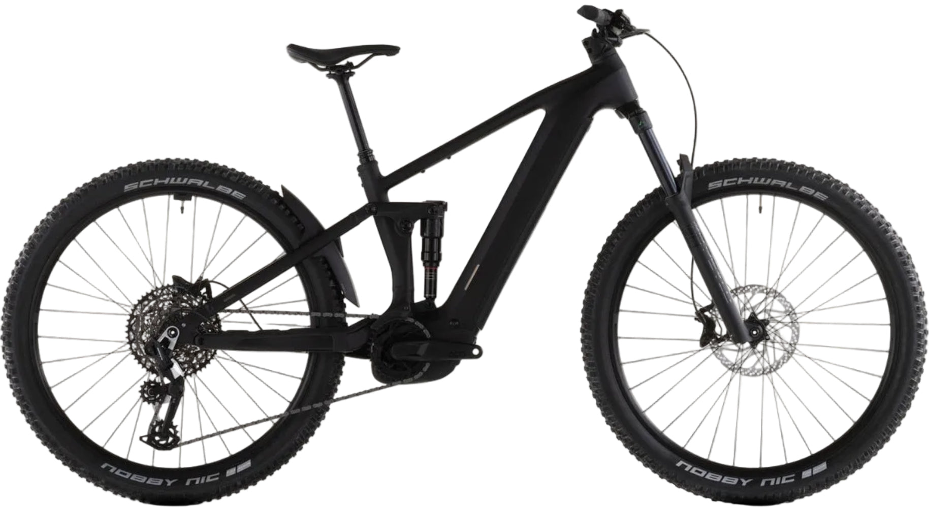 Black Cube Stereo Hybrid ONE44 EX 800 e-bike with full suspension and Shimano components, designed for versatile mountain riding.