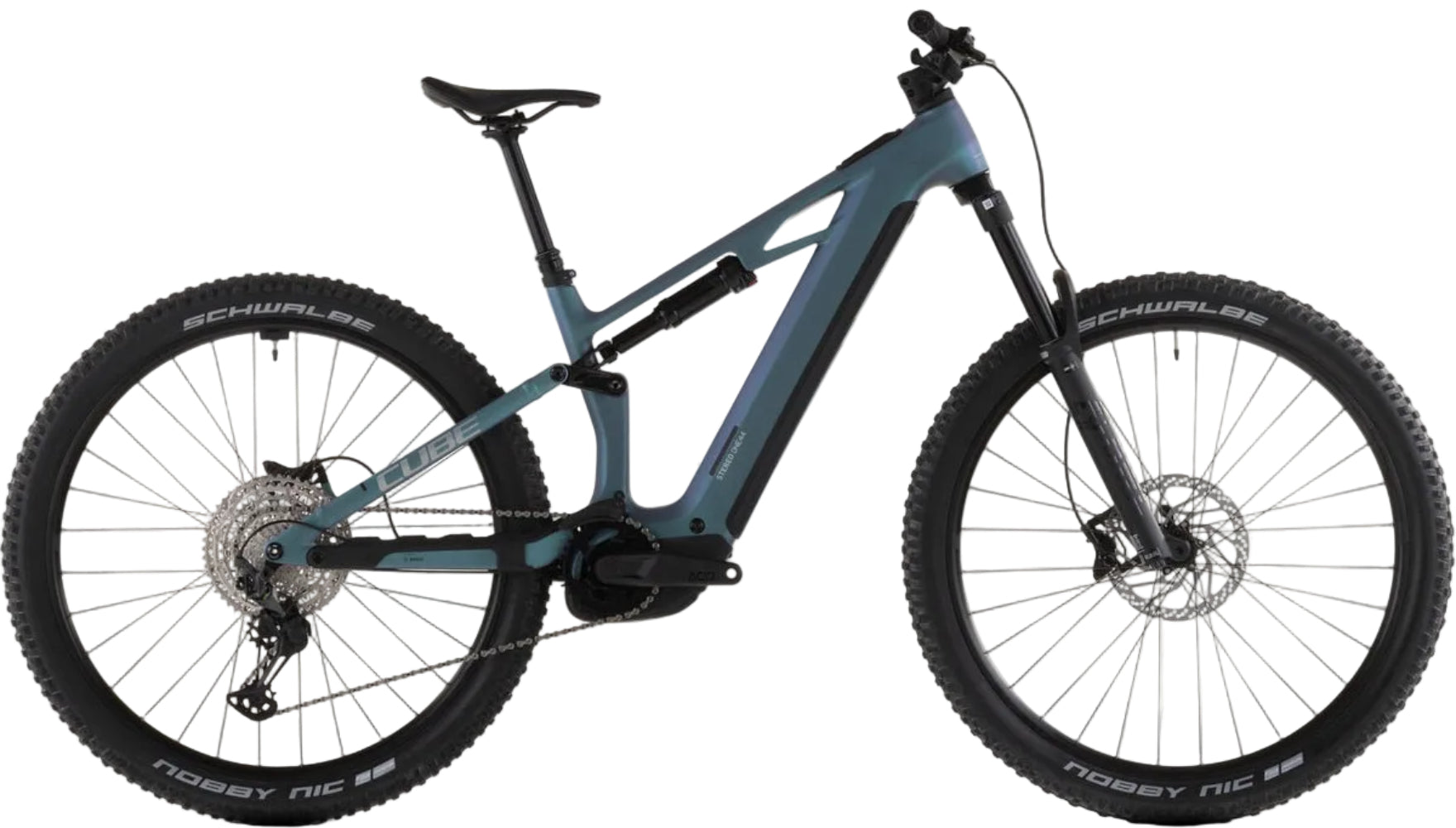 Cube Stereo Hybrid ONE44 HPC Race 800 e-bike with a sleek emerald gray and prism design, featuring a full suspension frame and electric assist.