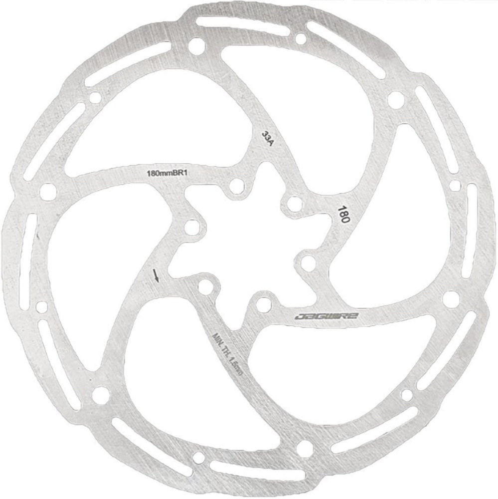 Jagwire Basic 6-Bolt Disc Brake Rotor showing metallic surface and mounting holes for bike disc brake system.