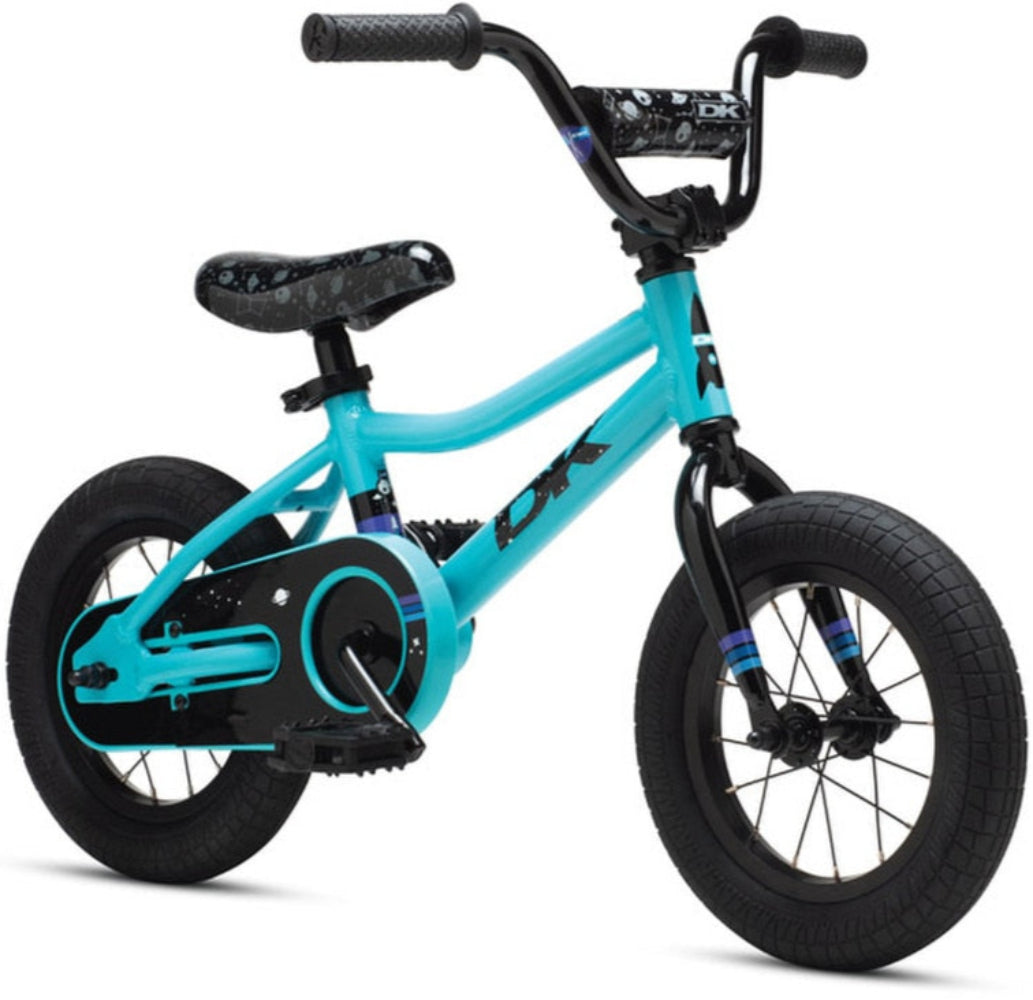 Kids' DK Devo 12 bike with lightweight frame and colorful design, suitable for young children learning to ride.