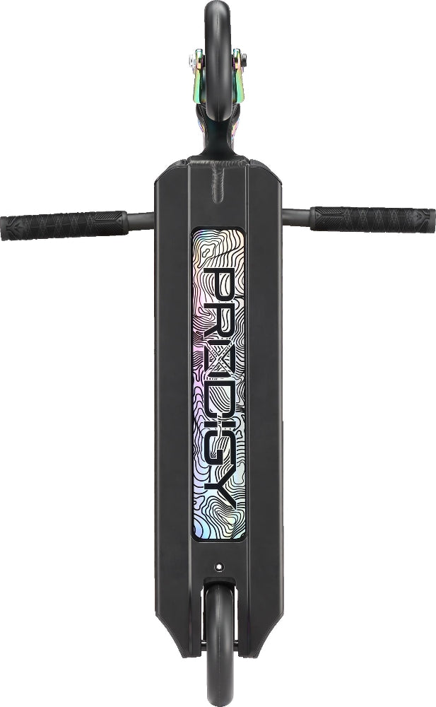 Envy Prodigy X One scooter in black with silver accents, showing the deck and handlebars in a close-up view.