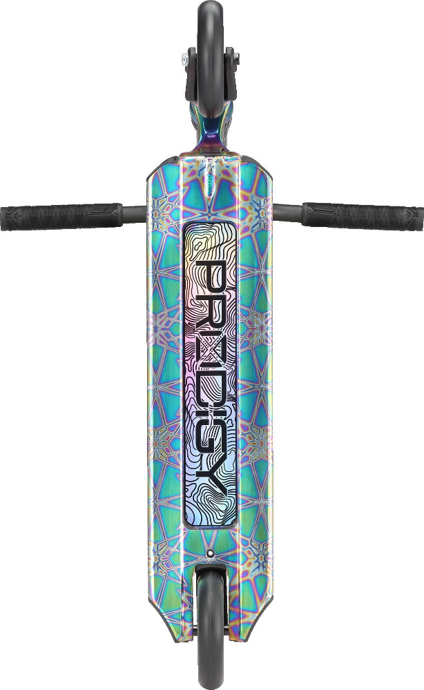 Envy Prodigy X One scooter with black deck and silver handlebars, designed for stunt riding and tricks.
