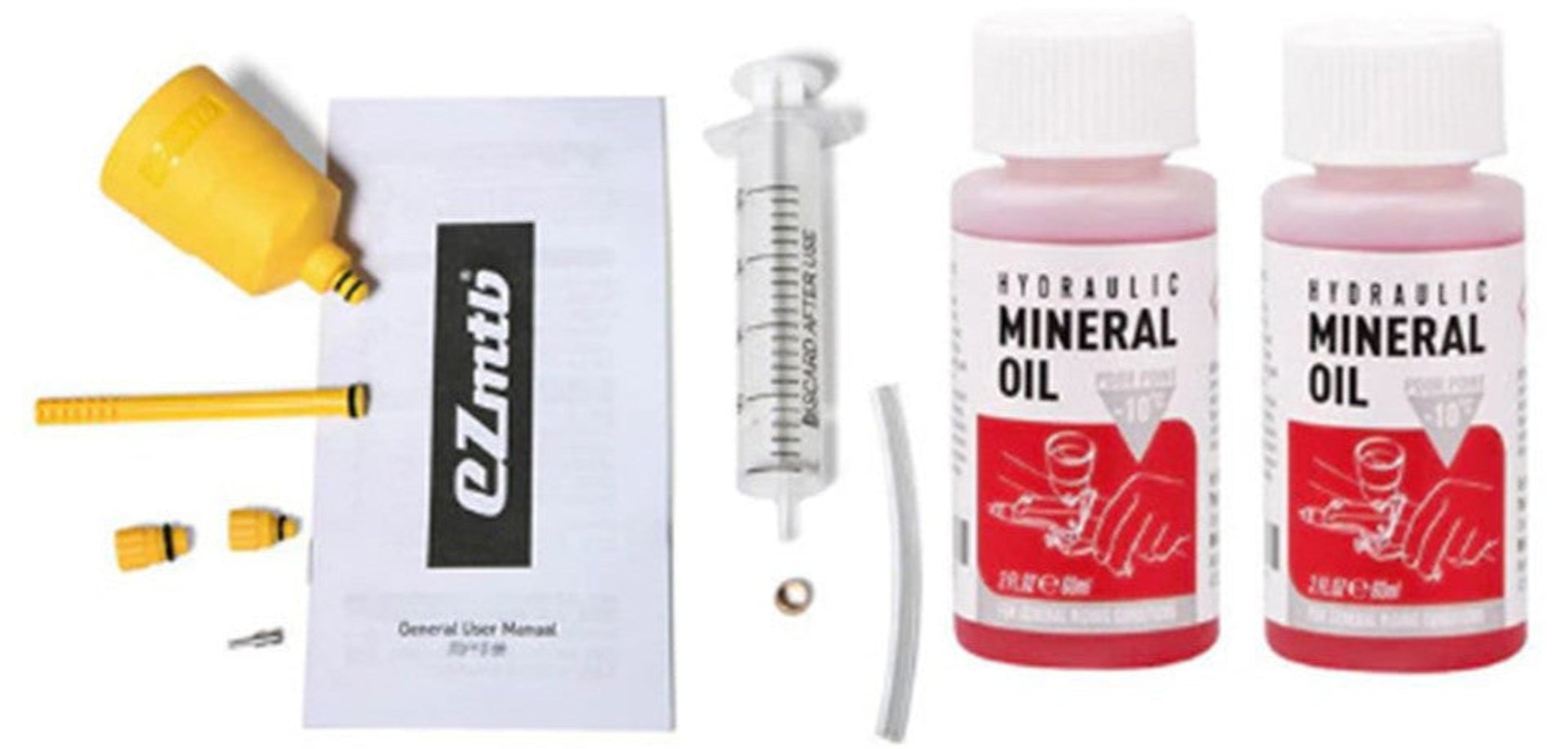 EZmtb Shimano Basic Mineral Oil Disc Brake Bleed Kit with accessories and mineral oil for bike brake maintenance.