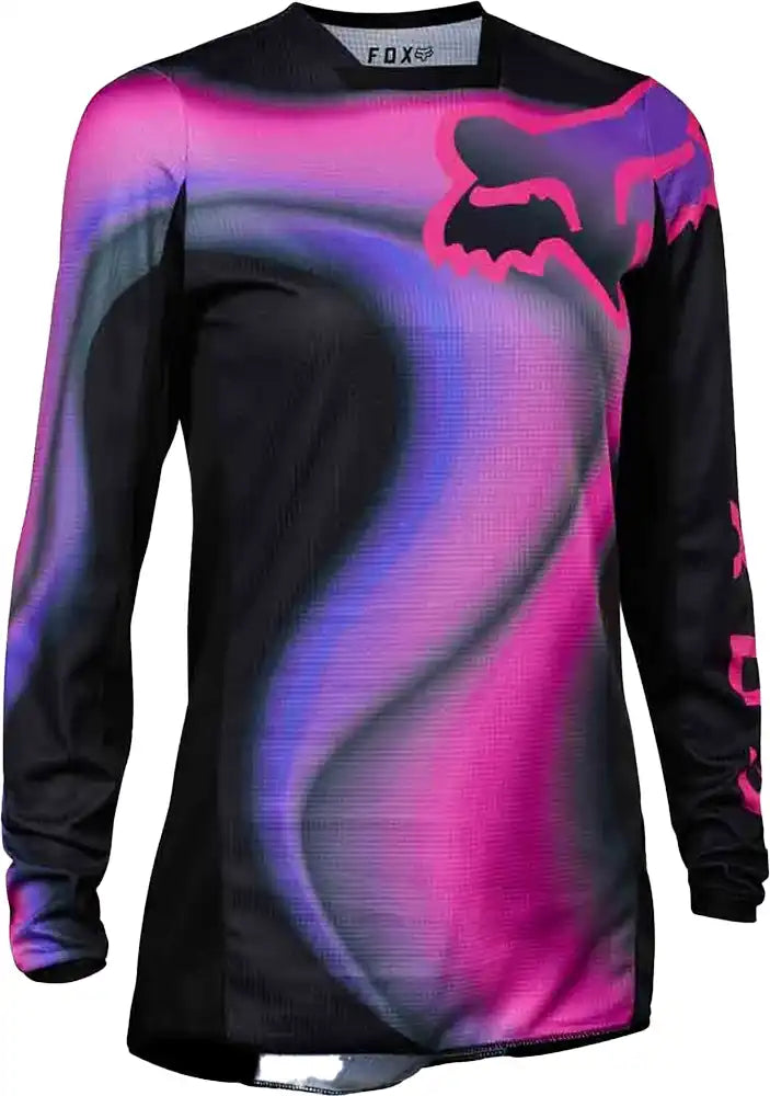 Fox 180 TOXSYK women's moto jersey featuring black and white graphic design, made of lightweight, breathable motorcycle riding apparel.