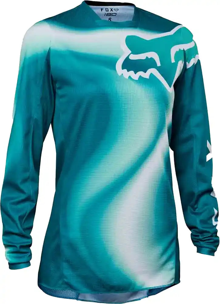 Fox 180 TOXSYK women's moto jersey, black and gray motorcycle riding top with Fox logo, breathable fabric, and stylish design.