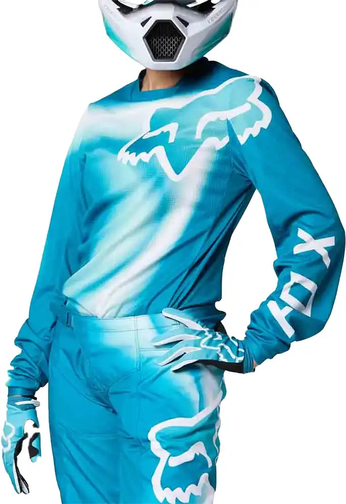 Fox 180 TOXSYK women's moto jersey, black and white motorcycle riding jersey with Fox logo and protective armor details.