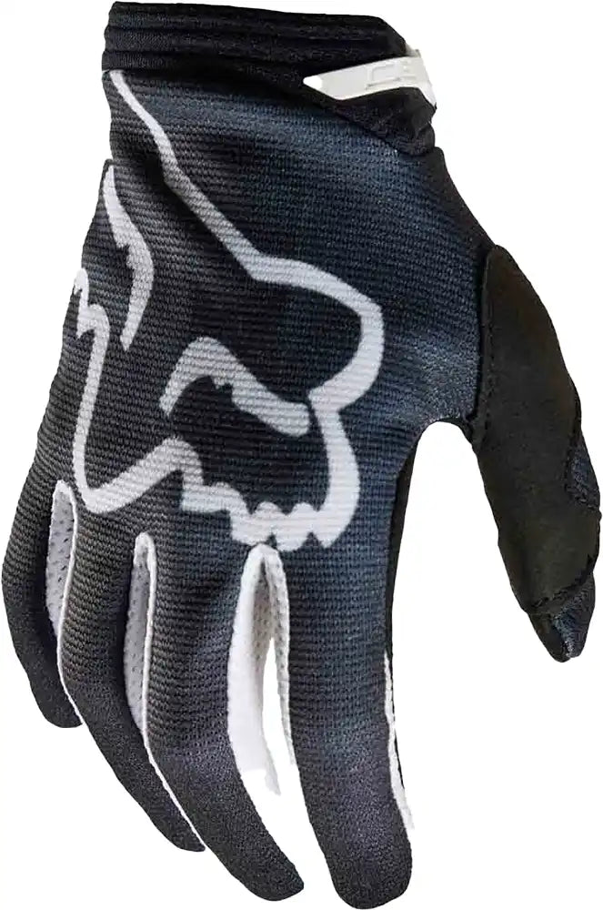 Fox 180 TOXSYK women's moto gloves in black with padded knuckles and adjustable wrist straps for motorcycle riding.