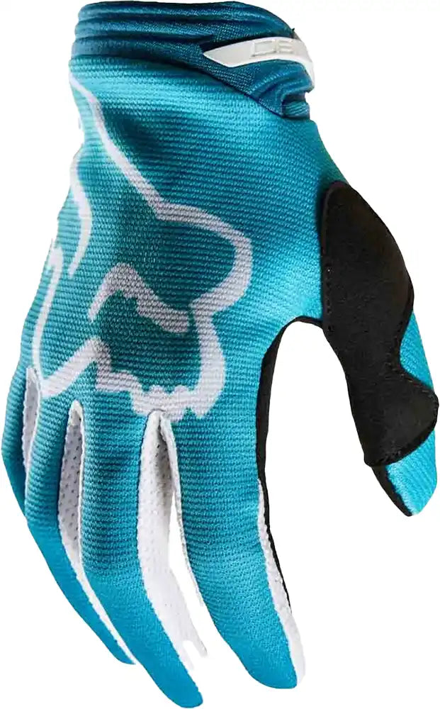 Fox 180 TOXSYK women's moto gloves in black with padded knuckles and adjustable wrist straps for motorcycle riding.