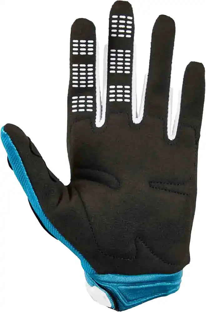 Fox 180 TOXSYK women's moto gloves in black with padded knuckles and adjustable wrist strap, designed for motorcycle riding.