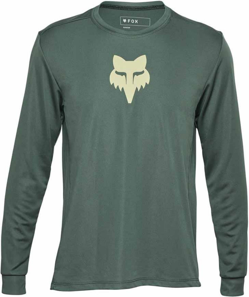 Fox Ranger Youth long-sleeve MTB jersey in black with Fox logo, made for kids' mountain biking, lightweight and breathable.