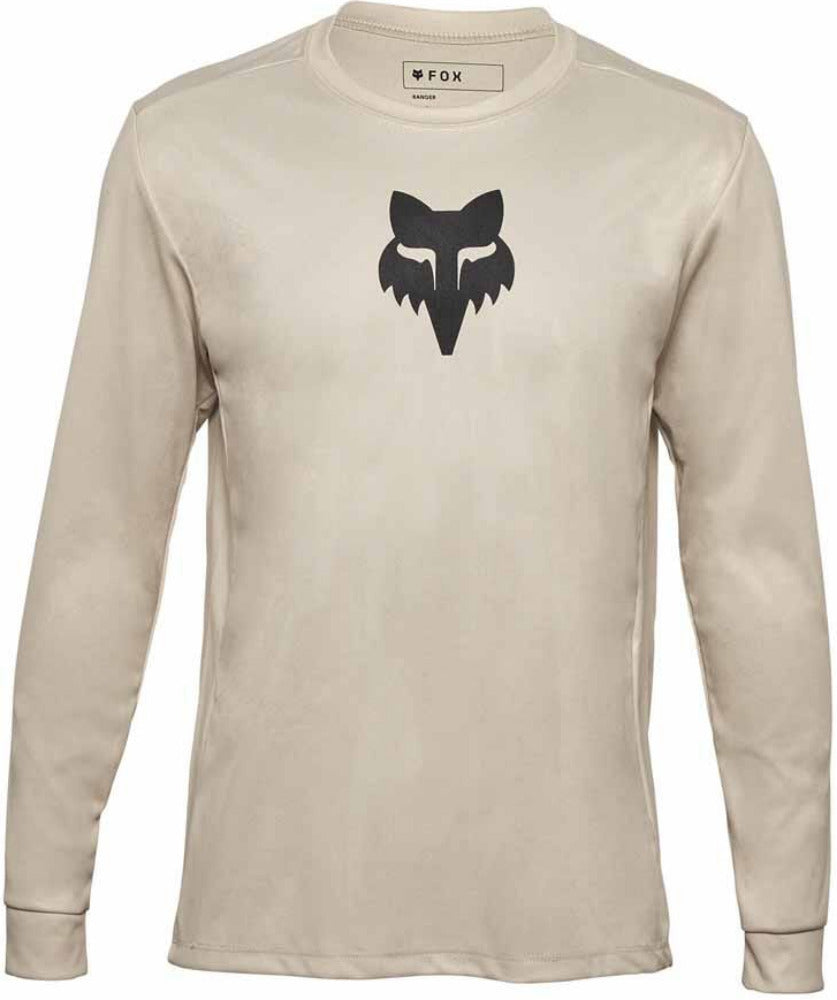 Fox Ranger Youth long-sleeve MTB jersey in black with Fox logo, made for young mountain bikers, lightweight and breathable clothing.