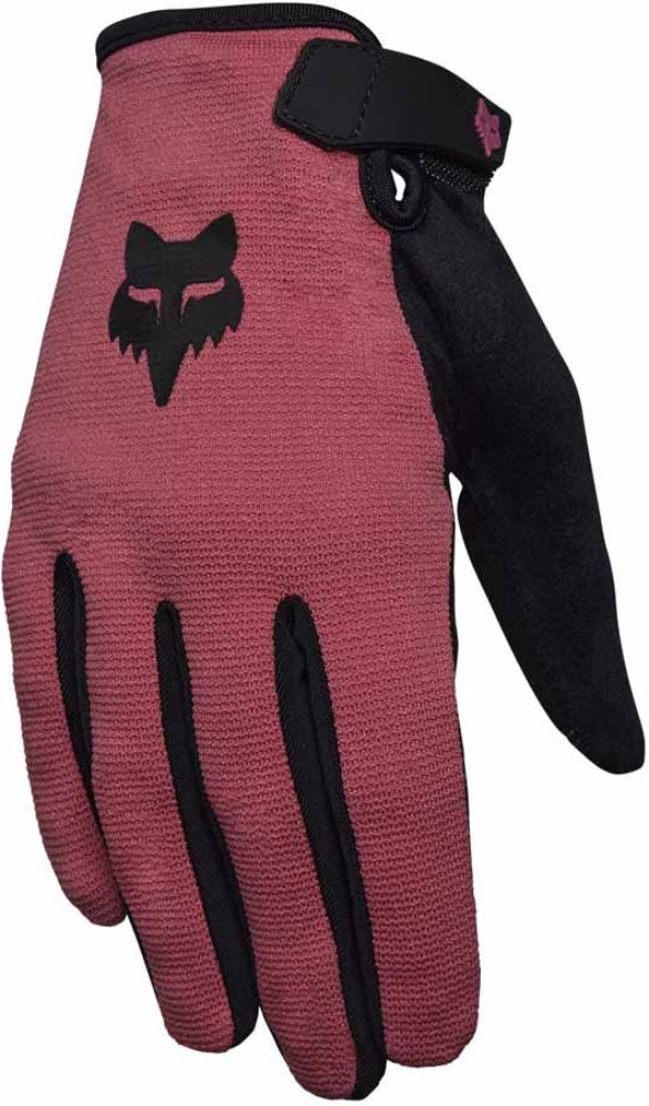 Fox Ranger women's MTB gloves in black with padded palms and adjustable wrist straps, designed for cycling comfort and protection.