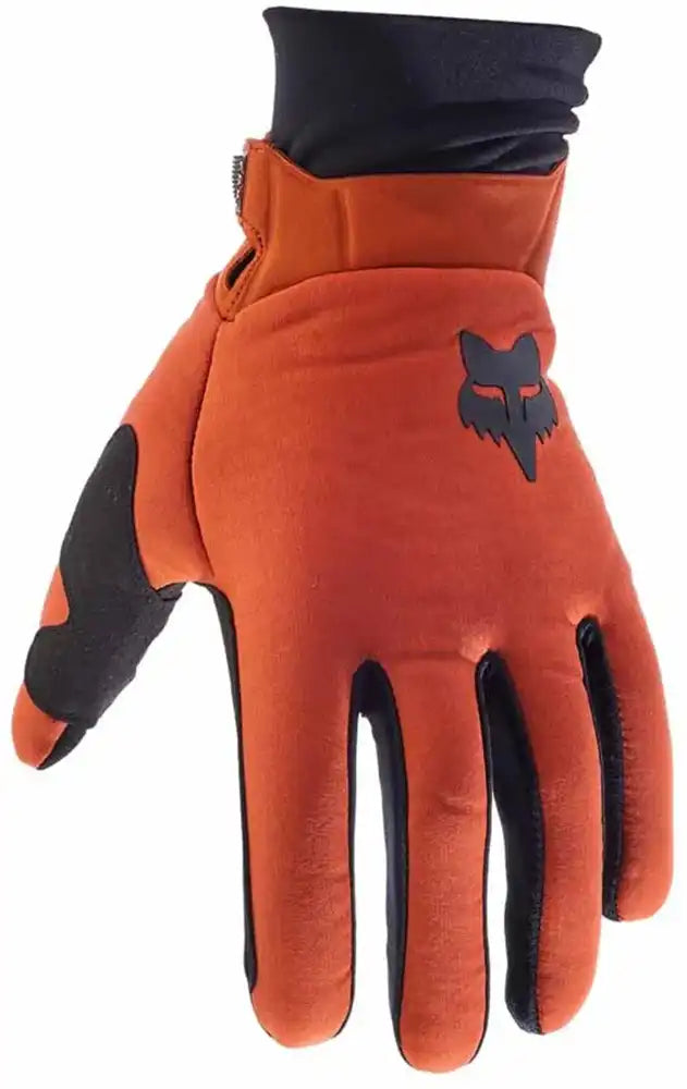 Fox Defend Thermo men's winter gloves, black and gray, with textured grip palms and adjustable wrist straps, designed for cold weather.