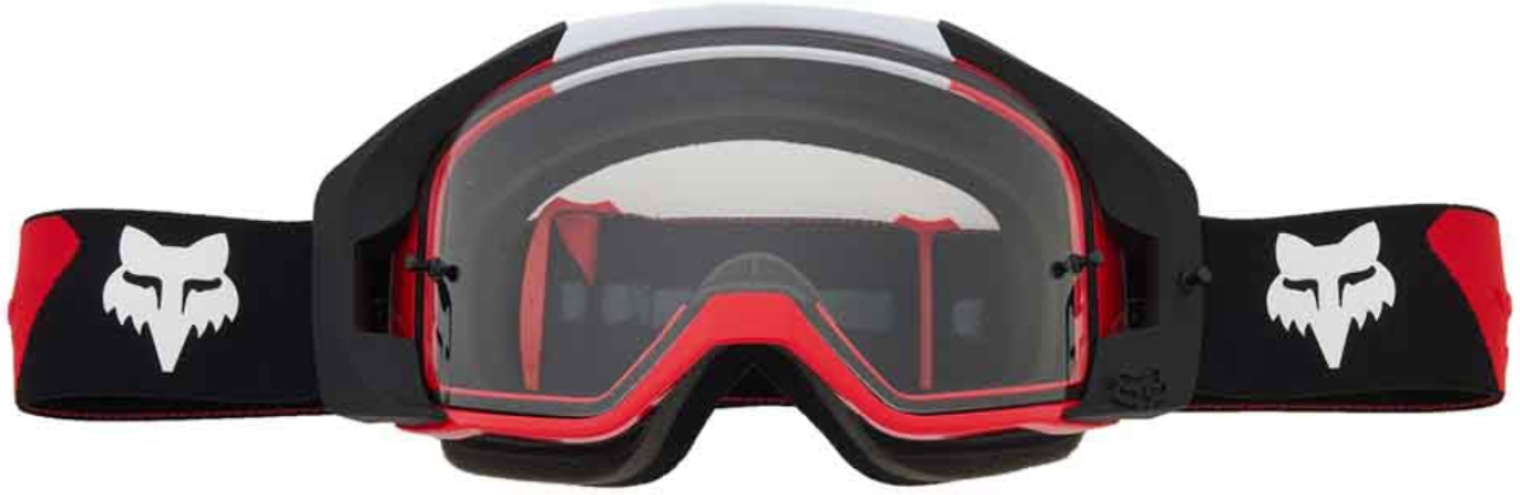 Fox Vue Core goggles, sporty motorcycle accessories with clear lenses and black frame, designed for riding comfort and protection.