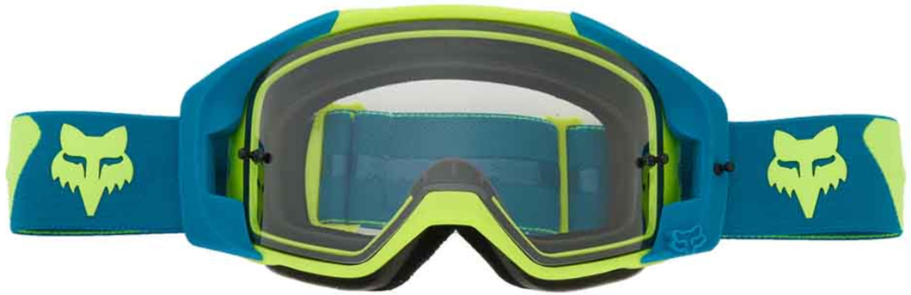 Fox Vue Core goggles, black with clear lenses, designed as bike riding accessories with adjustable straps and Fox branding.