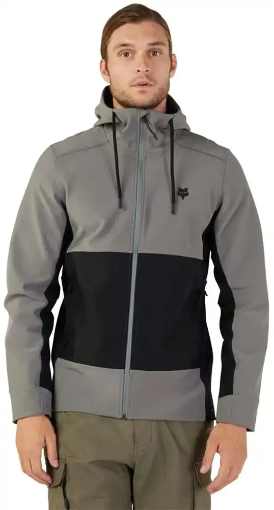 Fox Pit men's winter jacket shown in black, featuring a hood, zipper closure, and durable fabric for cold weather wear.
