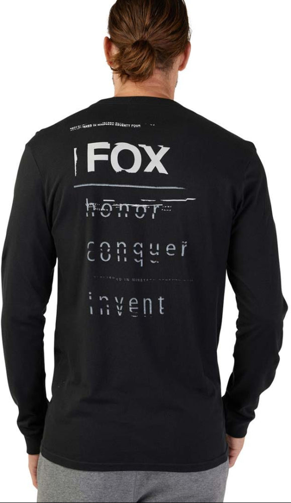 Men's Fox Invent Tomorrow LS premium T-shirt in black, featuring a graphic design and comfortable fit, made by Fox clothing brand.