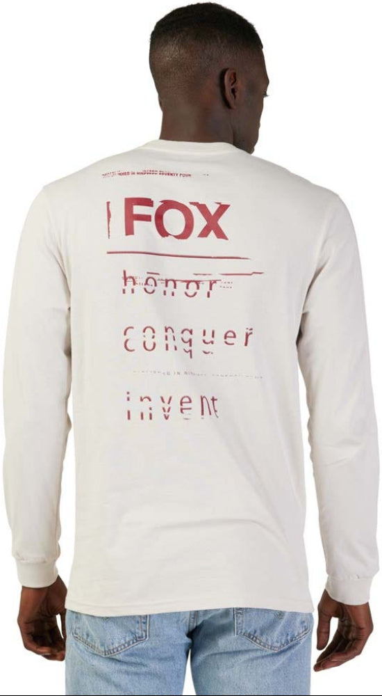 Fox Invent Tomorrow LS men's premium T-shirt, showing a long sleeve design with brand logo and graphic print on the front.