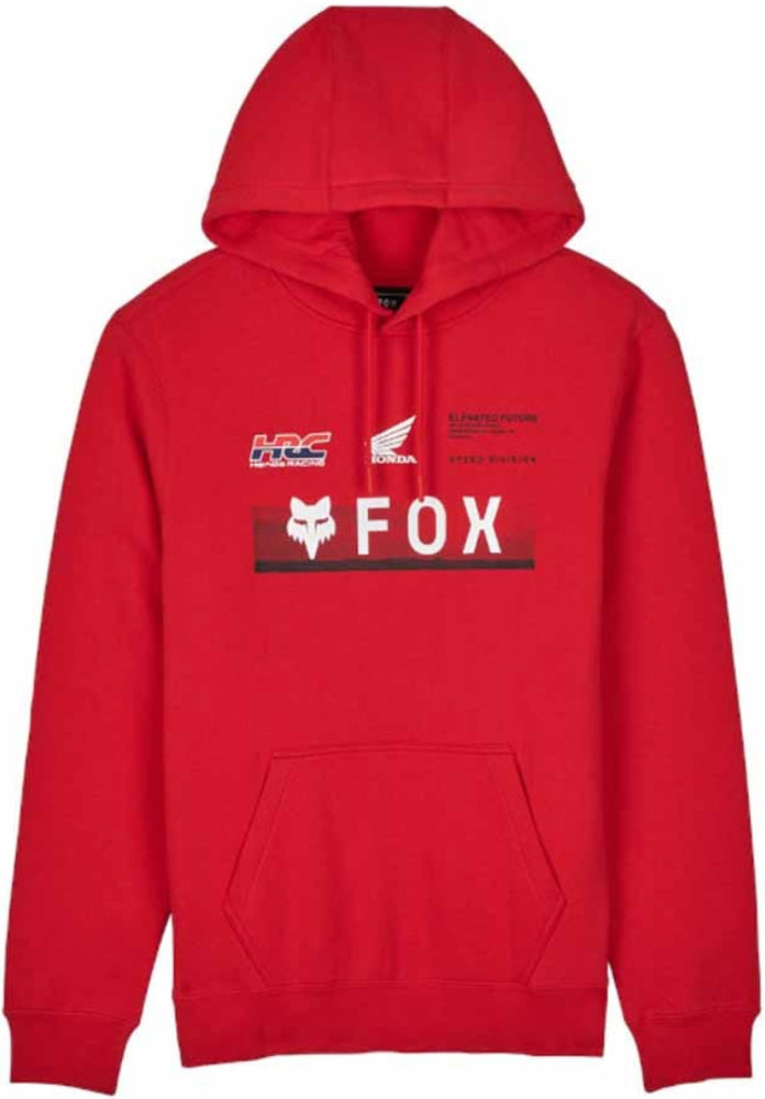Men's Fox X Honda fleece pullover hoodie, navy blue with Fox and Honda logos, soft fleece material, casual clothing for everyday wear.