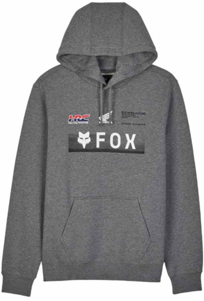 Fox X Honda men's fleece pullover hoodie showing a cozy fleece fabric with Fox and Honda logos on the front.