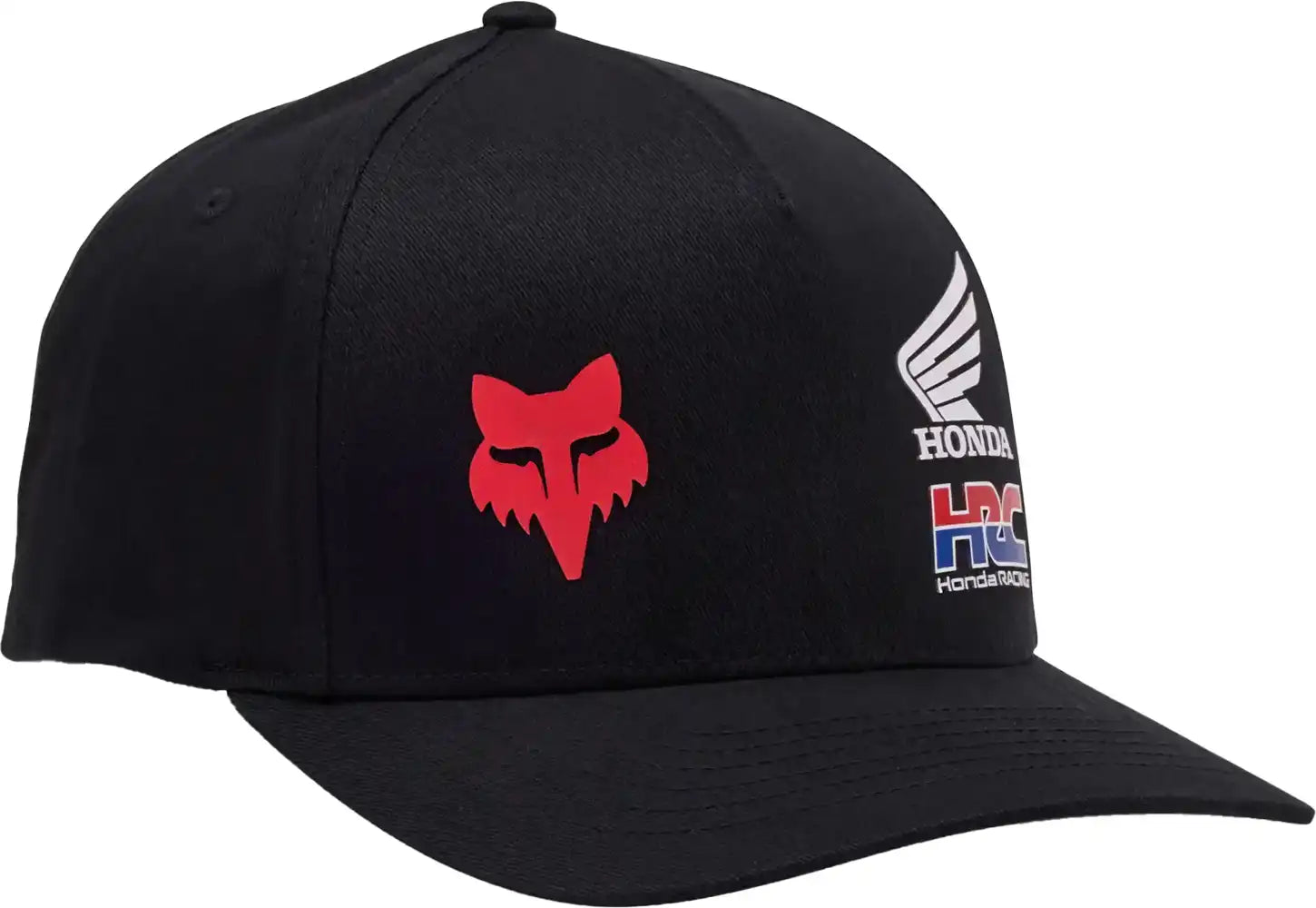 Fox X Honda Flexfit men's hat featuring a curved brim and adjustable strap, with Fox and Honda logos on the front.