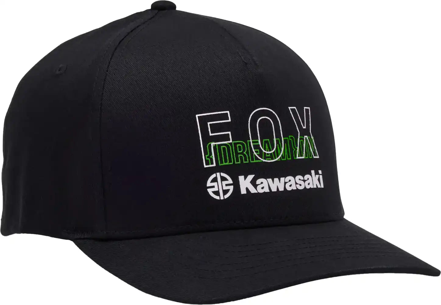Fox X Kawi Flexfit men's hat, stylish black cap with embroidered logo, made of comfortable stretch fabric, casual outdoor wear.